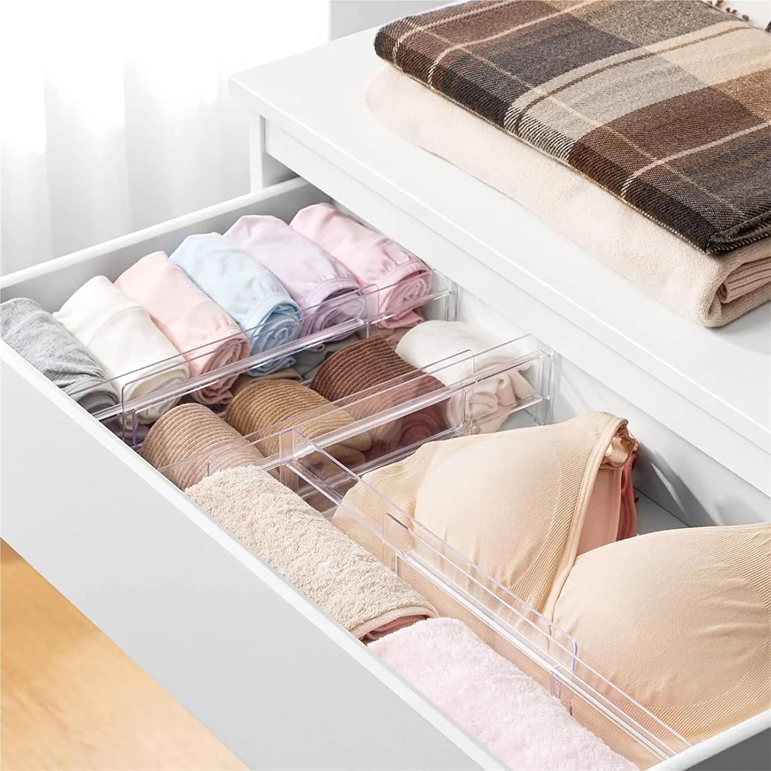 4/8 Pack Clear Drawer Dividers Expandable Organizers Transparent Kitchen Separators Clothing Office Storage(Clear-4 PCS)