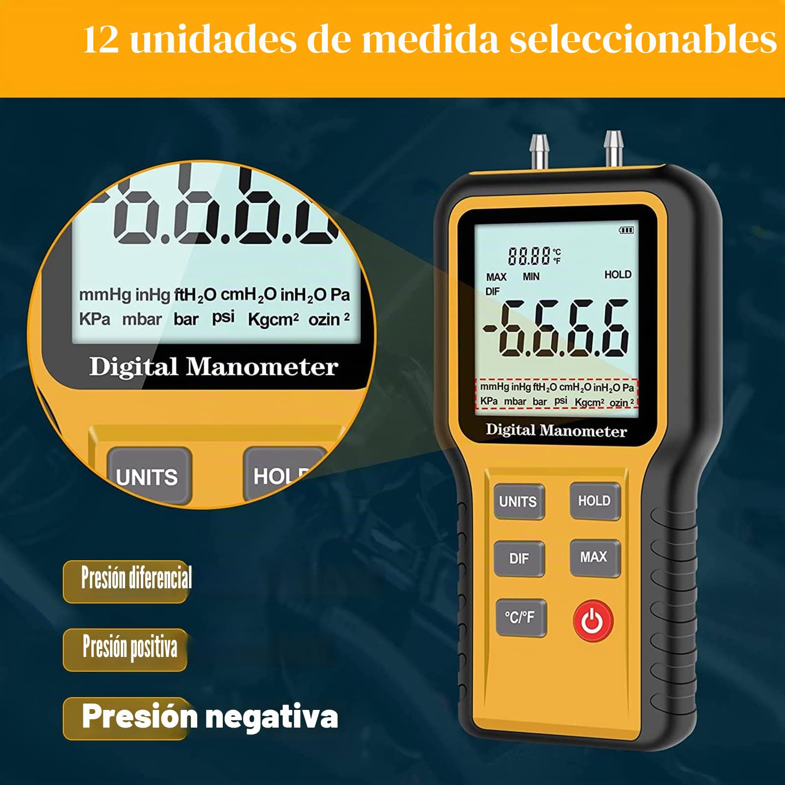 BTMETER Manómetro Medidor de presión de aire de gas, manómetro de doble puerto Manómetro diferencial de presión, para horno de gas HVAC, manómetro digital con retroiluminación 12 unidades de medida