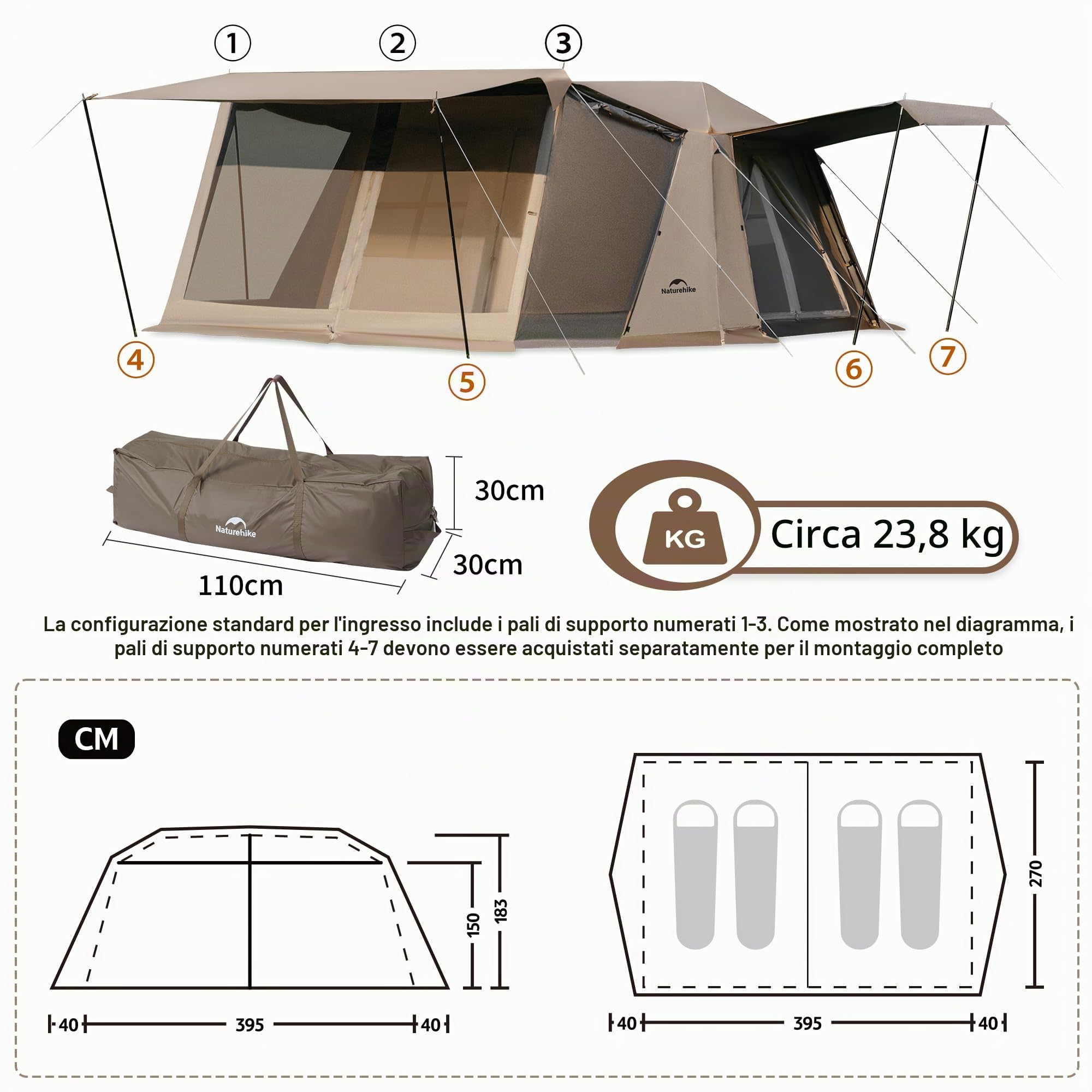 Naturehike Village 13.0 ㎡ Tenda familiare pop-up tenda da campeggio, tenda da campeggio per 4-6 persone, grande tenda a tunnel con colonna d'acqua 2000 mm