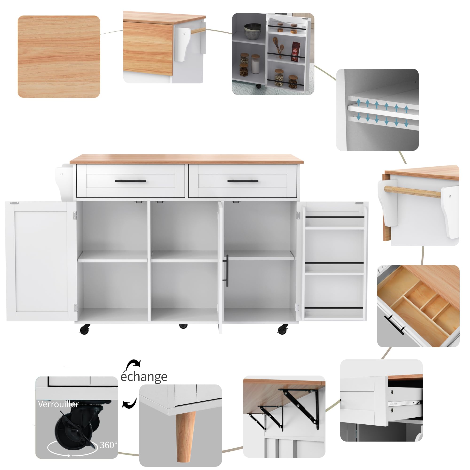 Carrello da cucina espandibile con 5 ruote, carrello di servizio versatile, 2 ripiani, bianco con ripiano, dimensioni 129 x 91,5 x 46-71 cm, perfetto per casa e sala da pranzo