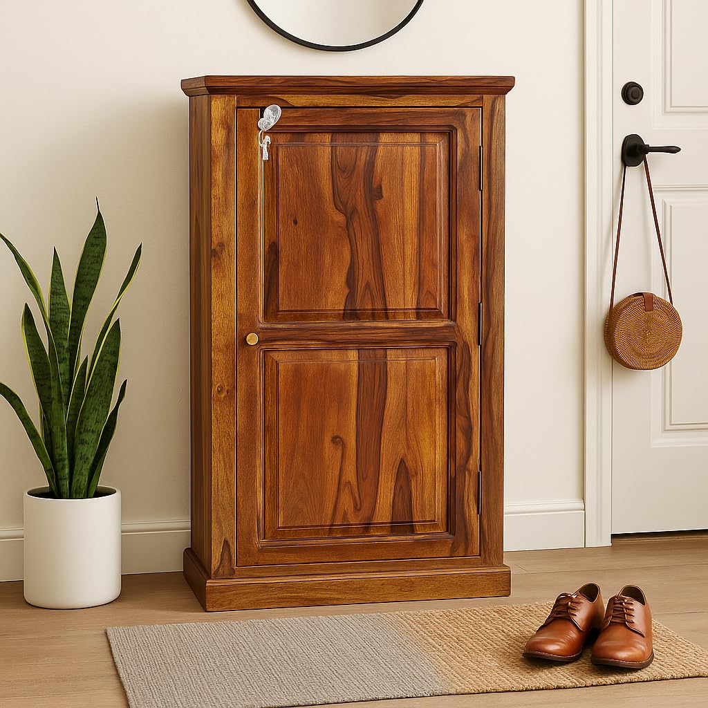 Sheesham Wood Shoe Cabinet for Home | Solid Wood Shoe Rack with Door & Lock | Wooden Shoe Stand for Entryway, Hallway, Living Room – Natural Finish-image-12