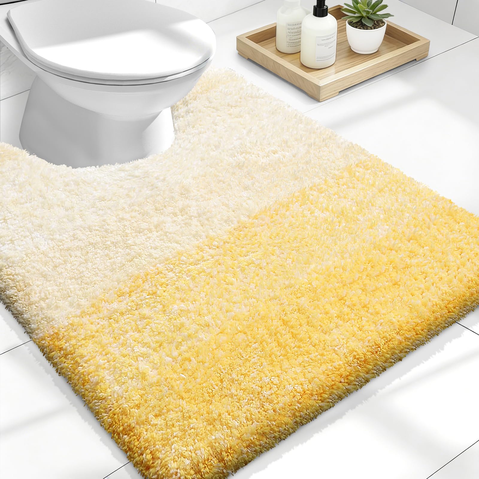 OLANLY Luxury Toilet Rugs U-Shaped 24x20, Soft Absorbent Microfiber Mat | Yellow, Non-Slip Quick-Drying Rubber Backing, Machine Washable Plush Contour Bath Mat for Toilet Base, Home Decor Accessories