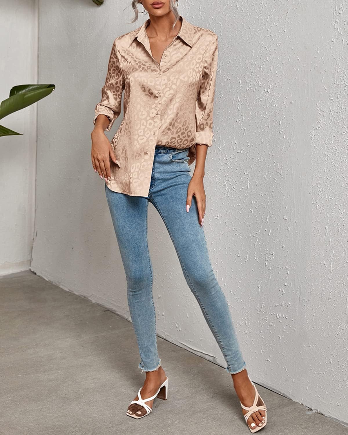 Women V Neck Long Sleeve Button Down Satin Office Dress Shirt Leopard High Low Hem Button Work Blouse - Image 4