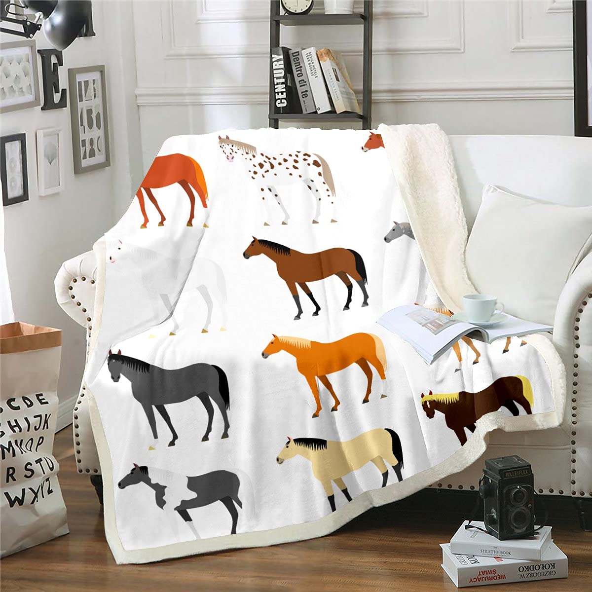 Manta de forro polar para caballo de raza de caballo, manta de sherpa para niños y niñas galopando caballo manta de felpa 3D animal salvaje para sofá cama, King 87 x 94 pulgadas