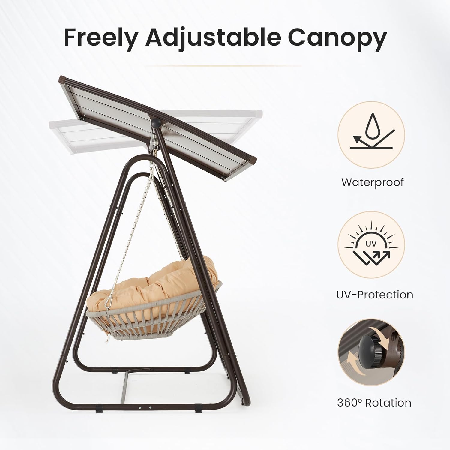 2-Seat Outdoor Patio Porch Swing with Polycarbonate (PC) Canopy, All-Weather Outdoor Swing Chair with 4.7" Thick Cushion and Hand-Woven Rope, Heavy Duty Steel Frame for Patio, Garden, Khaki