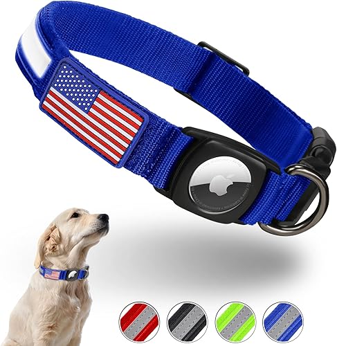 FEEYAR - Collar reflectante para perro AirTag, collar impermeable para perro AirTag azul, collares de perro integrados con parche de bandera, collar