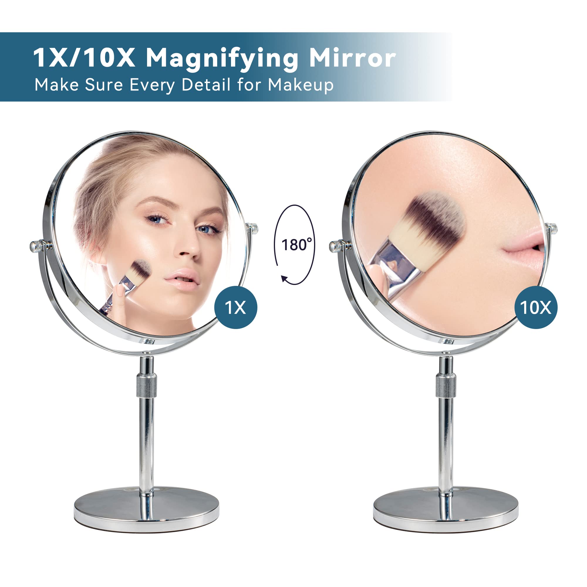 Espejo de maquillaje de mesa de 17 pulgadas de alto, espejo de tocador de altura ajustable, aumento 1X/10X, 8 pulgadas, grande, doble cara, giratorio de 360°, espejo de maquillaje redondo clásico para