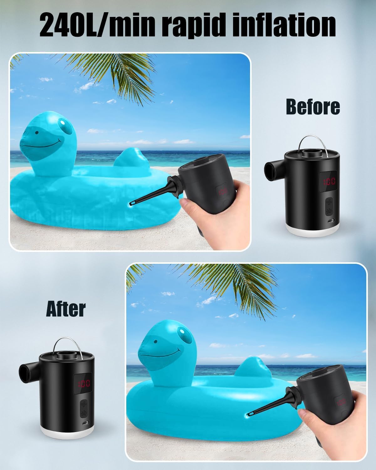 Pompa ad aria elettrica da 4000 mAh, batteria ricaricabile con 3 ugelli, gonfiatore elettrico portatile, con sorgente luminosa, può essere appesa, adatta per piscine gonfiabili per barche, materassi