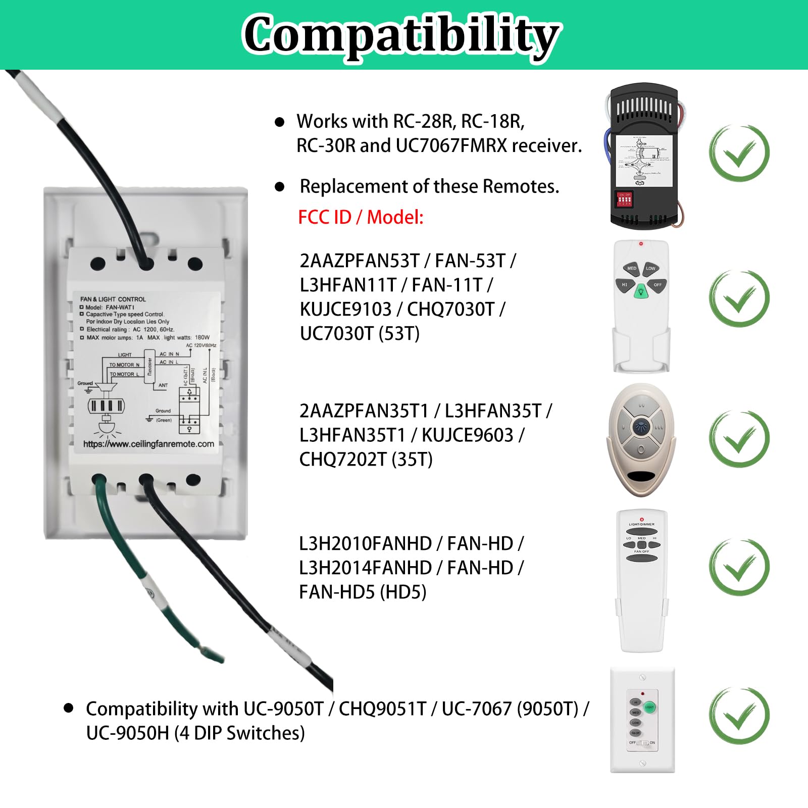 Kit di telecomando universale per ventilatore da soffitto con ricevitore, interruttore della luce a soffitto a 3 velocità, telecomando da parete con dimmer della luce, compatibile con Hampton Bay