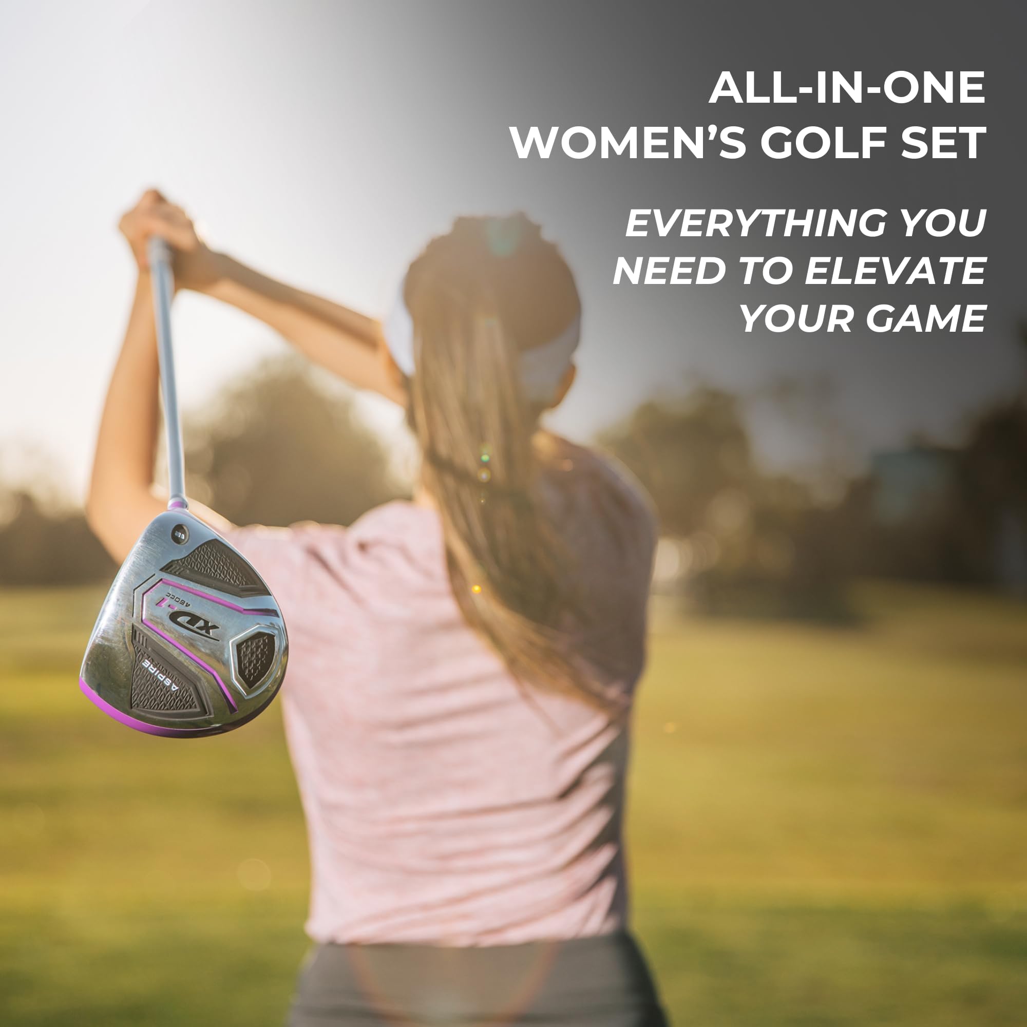 Aspire XD1 Women's Golf Club Set – Ultra-Light Graphite Shafts, Driver, Fairway, Hybrid, 6-PW Irons, Putter, Stand Bag & Headcovers – Right-Handed, Available in Regular, Petite & Tall Sizes – Purple