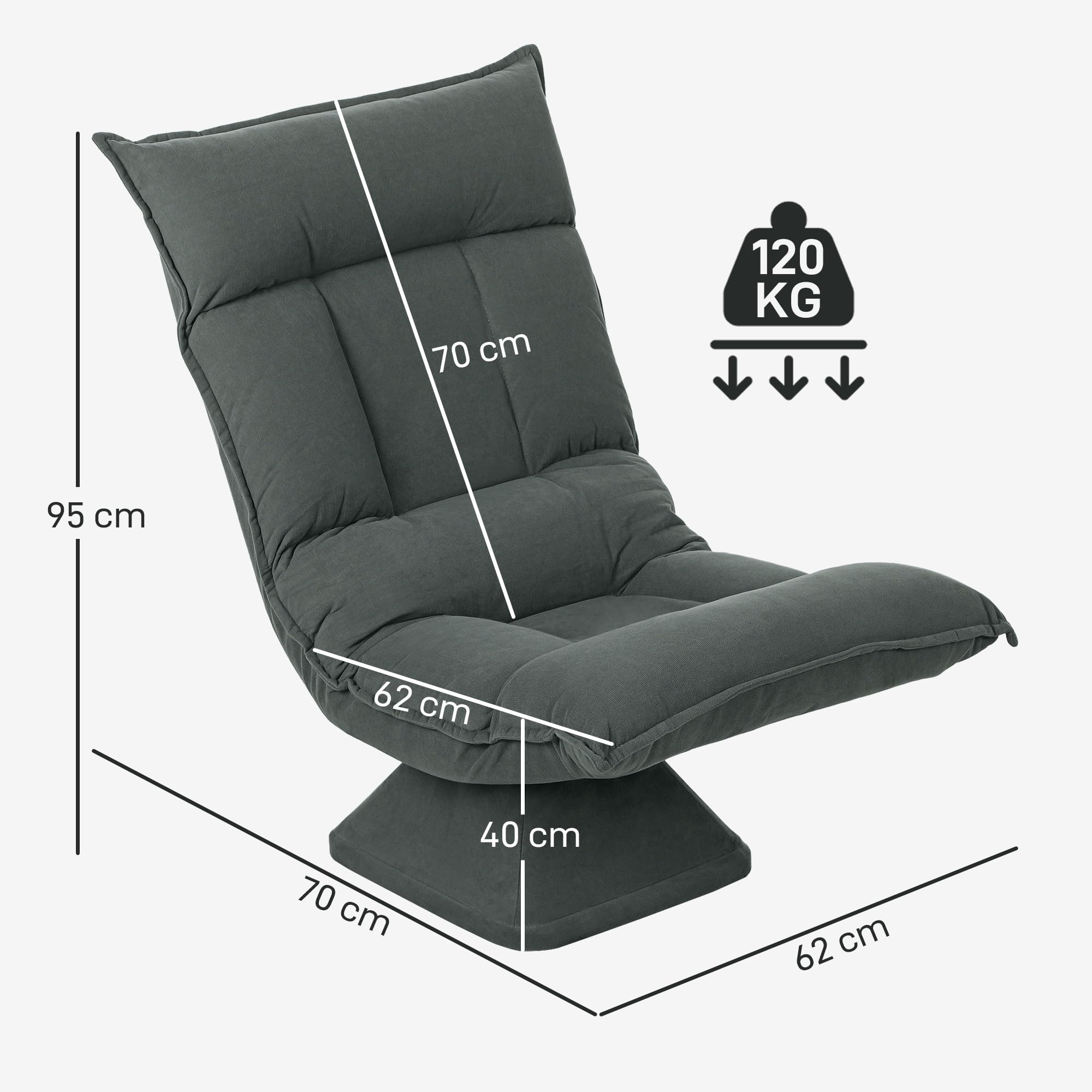 HOMCOM Chaise de Sol Pivotante à 360°, Fauteuil Pliable en Velours avec Dossier Réglable 5 Positions, Chaise Méditation Rembourrée pour Salon, Gaming et Lecture, Gris Foncé