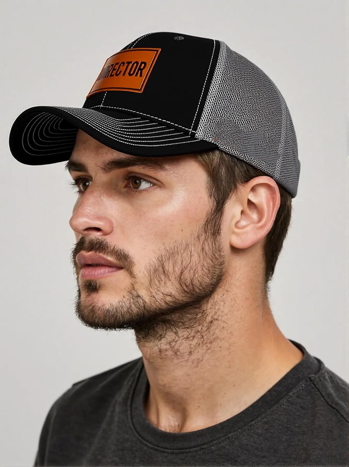 Director Trucker Hats for Men, Leather Patch Adjustable Cotton Mesh Snapback Baseball Cap Black - Image 2