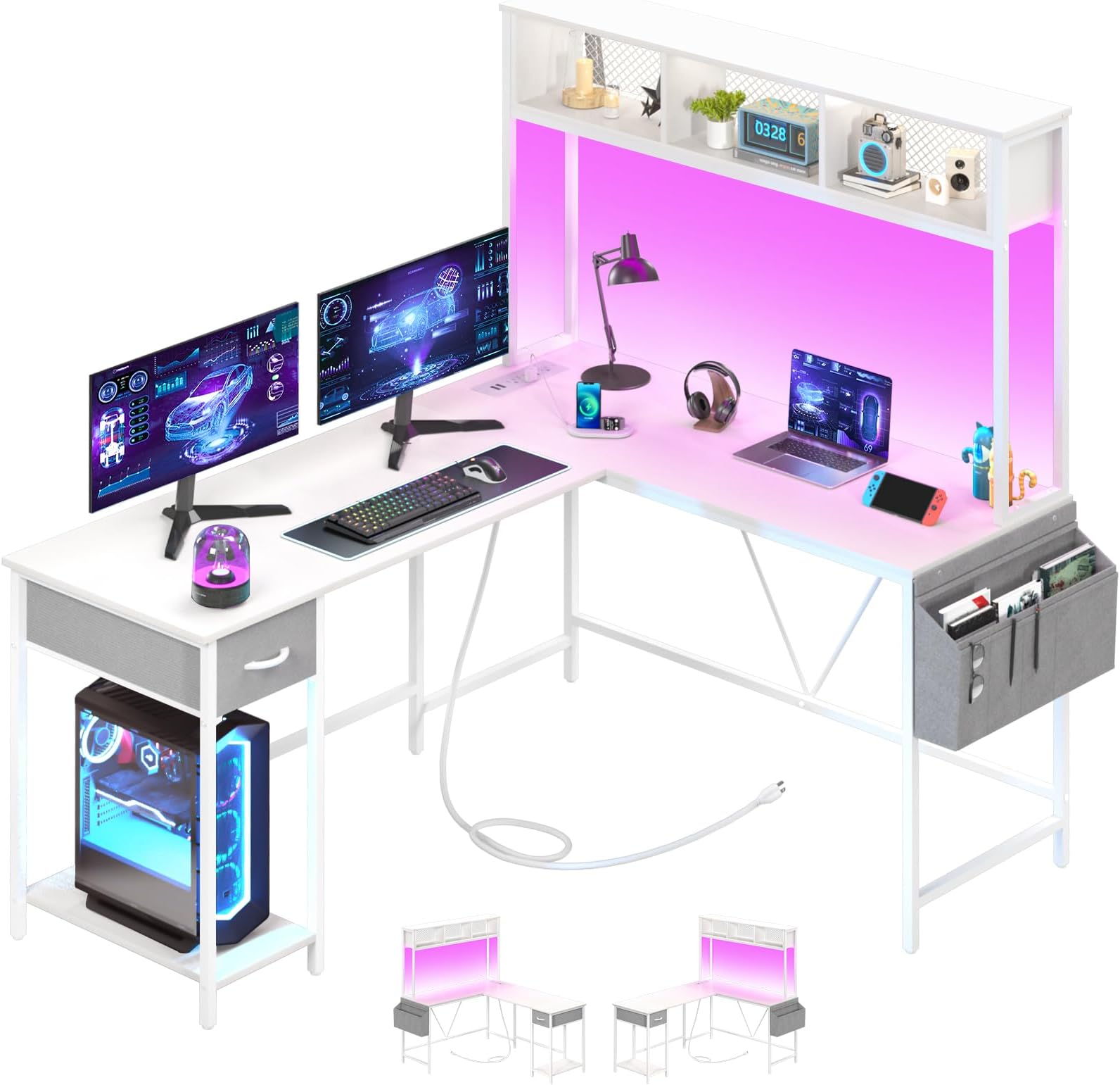 Yoobure L Shaped Desk Gaming Desk with LED Strip & Power Outlet, Reversible L-Shaped Computer Desk with Storage Shelf & Drawer, Corner Desk with Storage Bag, 2 Person Home Office Desk, White