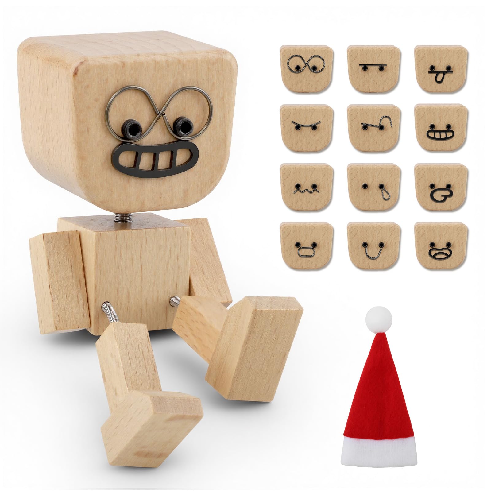 beuhugas 1PCS Shaking Tiny Feet Wooden Doll with Spring Legs with 12pcs Magnetic Expressions Funny Cars Ornaments Wood Desktop Decor, Car Dashboard