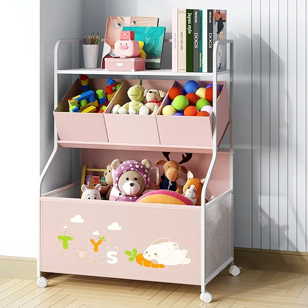 BBLIKE Toy Storage Organizer with Wheels - 3-Tier Kids Large Toy Box, Toy Chest Storage for Boys Girls Toddlers, Kids Bookshelf with 3 Fabric Toy Boxes for Playroom, Pink