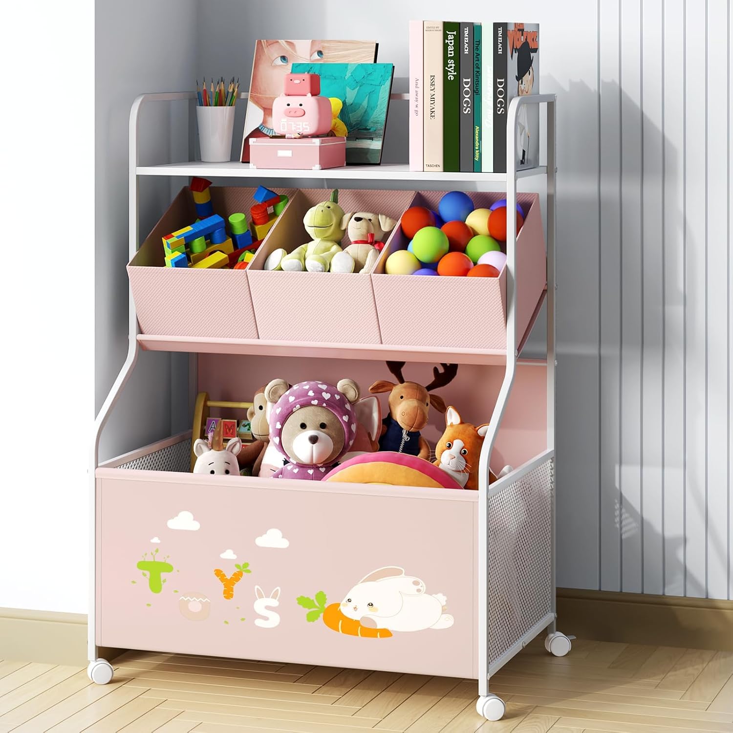 BBLIKE Toy Storage Organizer with Wheels - 3-Tier Kids Large Toy Box, Toy Chest Storage for Boys Girls Toddlers, Kids Bookshelf with 3 Fabric Toy Boxes for Playroom, Pink Pink1