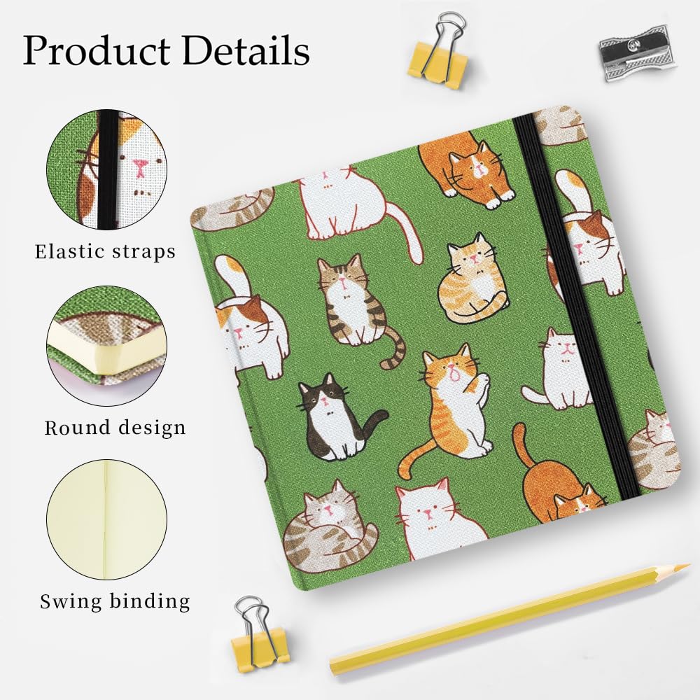 Small Square 5x5" 80gsm Mini Notebooks Blank Pages Sketchbooks Travel Journal Pocket Hardcover Paint Writing Notebook Blank Diary Memo Planner Sketchbook PU Leather Cover, Pink: Fabric-80gsm-Cat