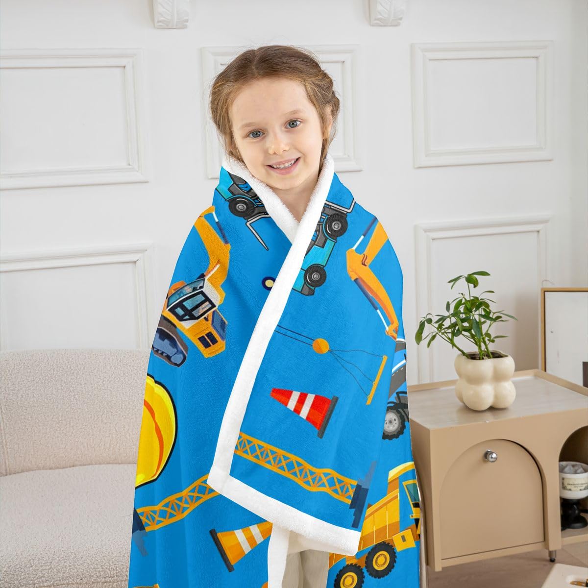 Loussiesd Pojazdy budowlane koc polarowy koparka litera Z Sherpa koc dla dzieci kobiet mężczyzn pluszowy puszysty kreskówka samochód traktor królowa 228 x 229 cm na łóżko kanapę krzesło salon