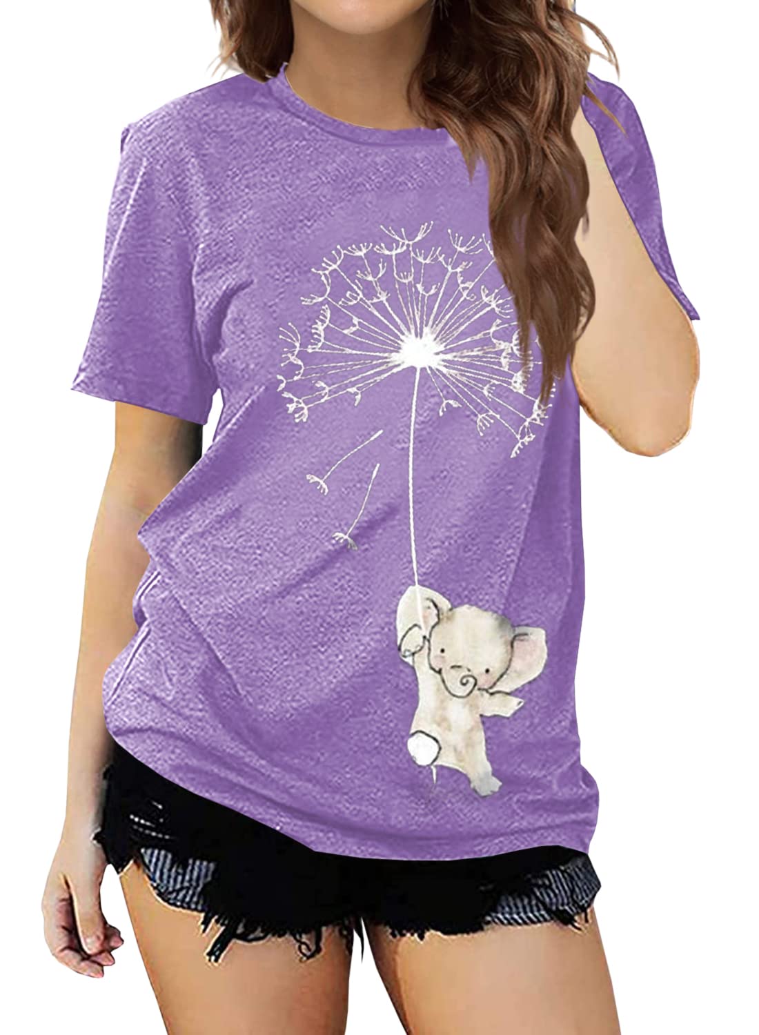 Women's Summer T Shirt Dandelion Printed Short Sleeve Crew Neck Loose Blouse Tops