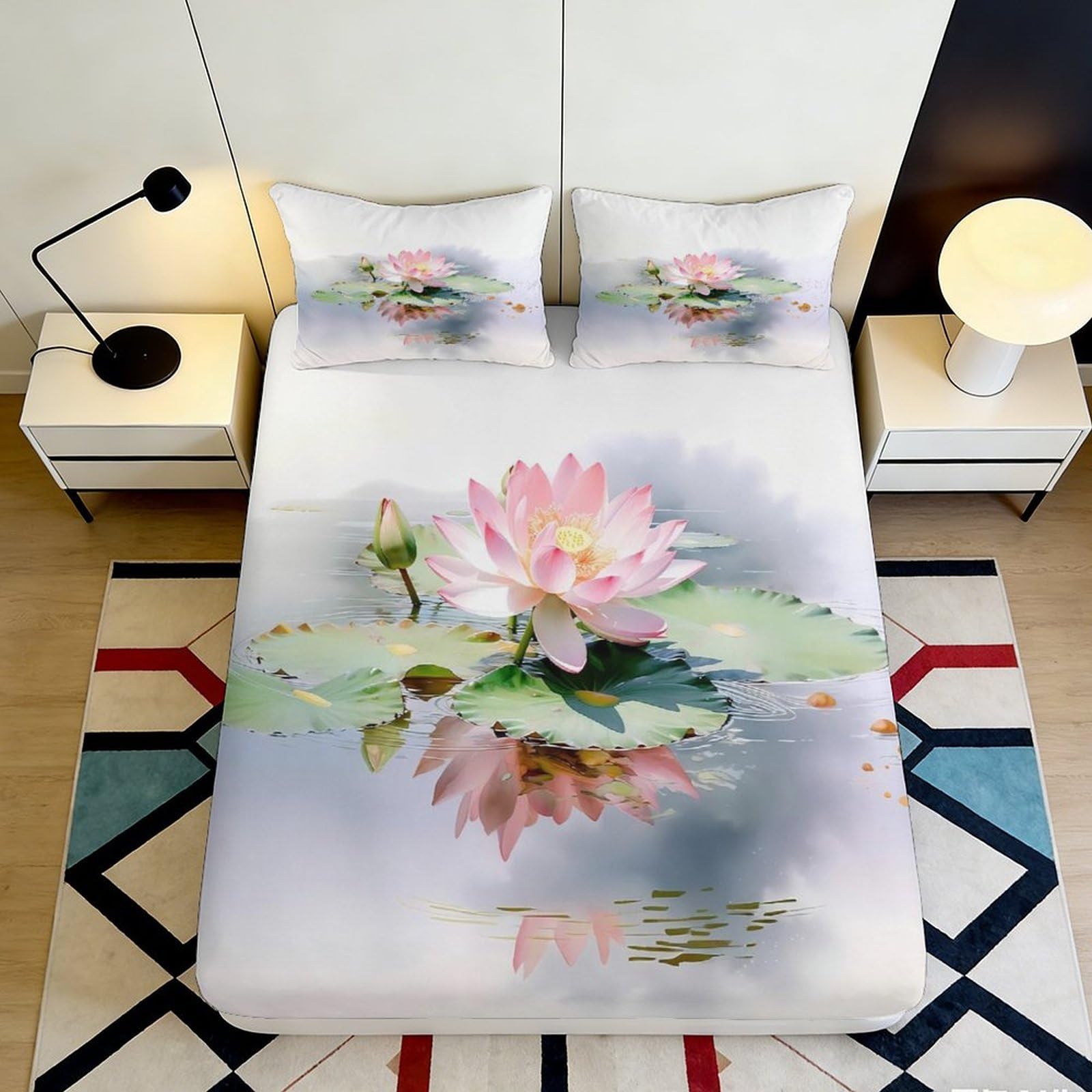 3D Printed Lotus Flower Fitted Sheet Microfiber Soft Bedroom Decor Watercolor Leaf Mattress Cover for Home Dorm 90x200x25cm