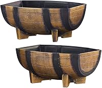 Collections Etc Rustic Half Barrel Planters Set of 2 - Weatherproof Plastic Garden Pots with Drain Screens, 16"L x 11"W