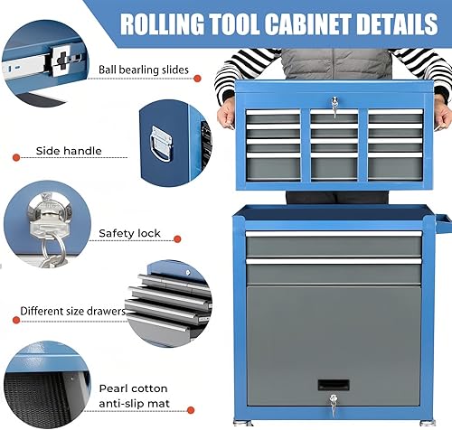 Miniatura 3 de Cofre de herramientas rodante, caja de herramientas de 8 cajones con ruedas, organizador de caja de herramientas extraíble, armario de