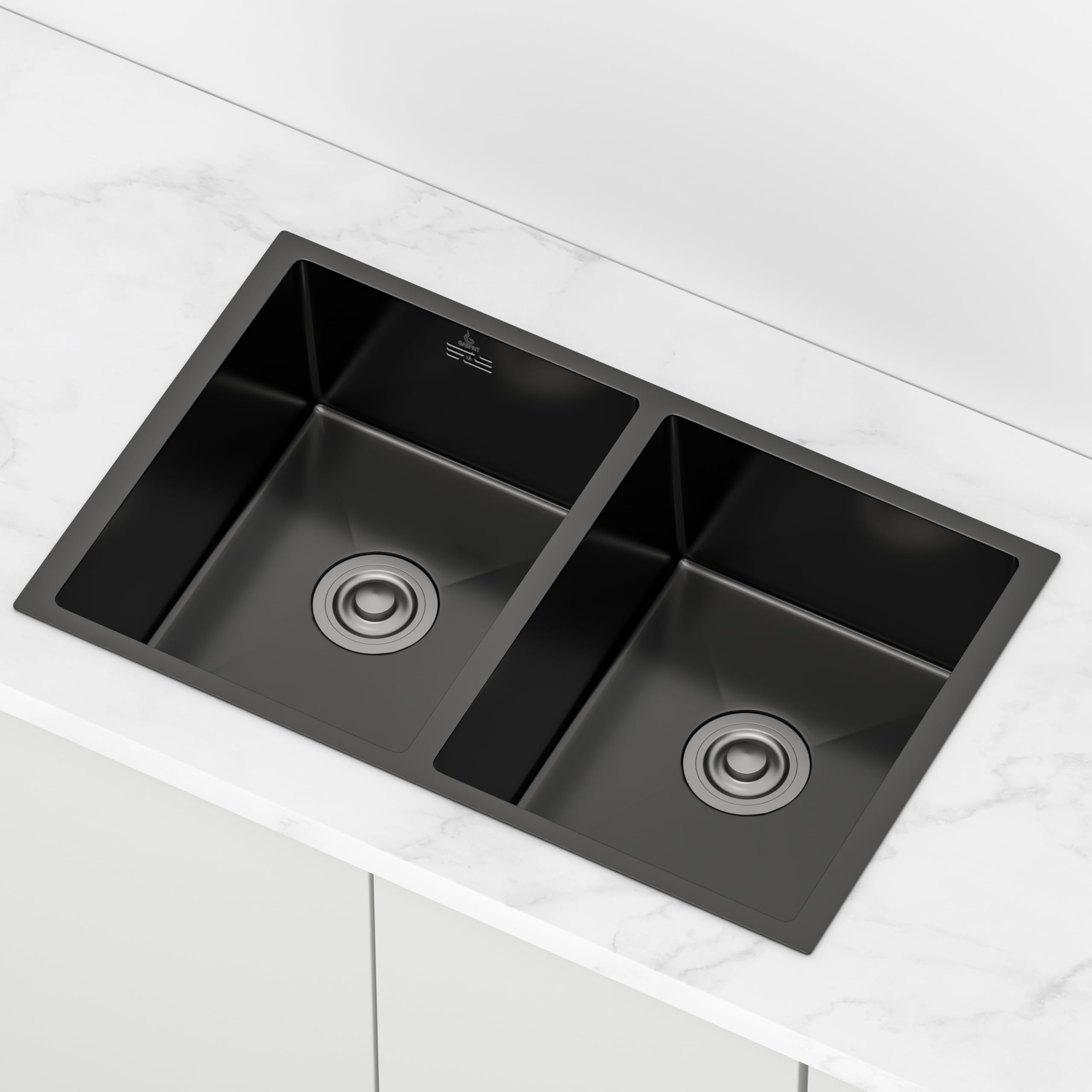 Fregadero de Cocina Doble Seno 760x470 mm, 2 Cubetas 200 mm Altura, Sobre Encimera, Desagüe Ø110 mm (Negro)