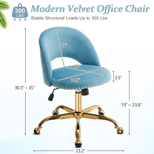 Vista 20 de VINGLI Silla de oficina pequeña de terciopelo moderna, bonita silla de escritorio con ruedas, base dorada/tachuelas, cómoda silla giratoria sin Beige