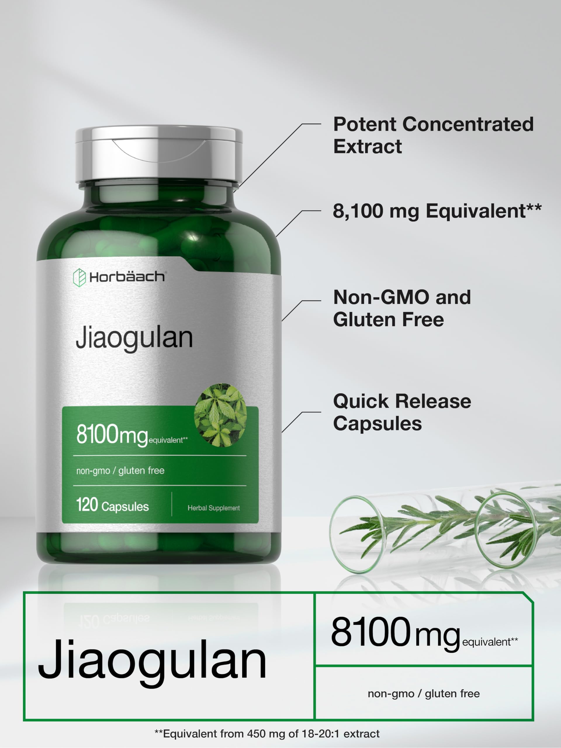 Horbäach Jiaogulan Capsules | 8100 mg | 120 Count | Gynostemma Pentaphyllum Herbal Extract | Stamina and Endurance Supplement | Non-GMO, Gluten Free