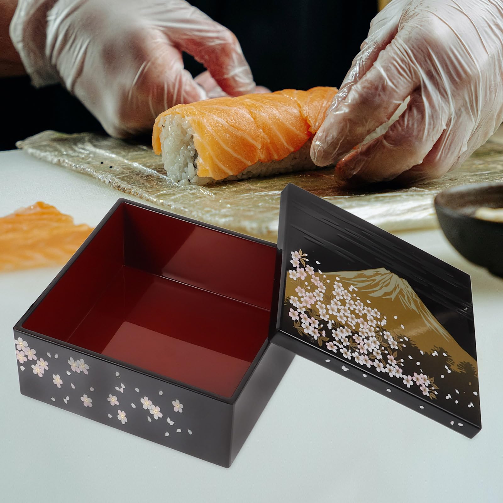 UKCOCO Contenitore per Pranzo Giapponese Stile Tradizionale Motivo Monte Fuji, Scatola Bento in Plastica Nera a 3 Strati, Sicura per Uso Quotidiano per Snack e Dessert in Famiglia
