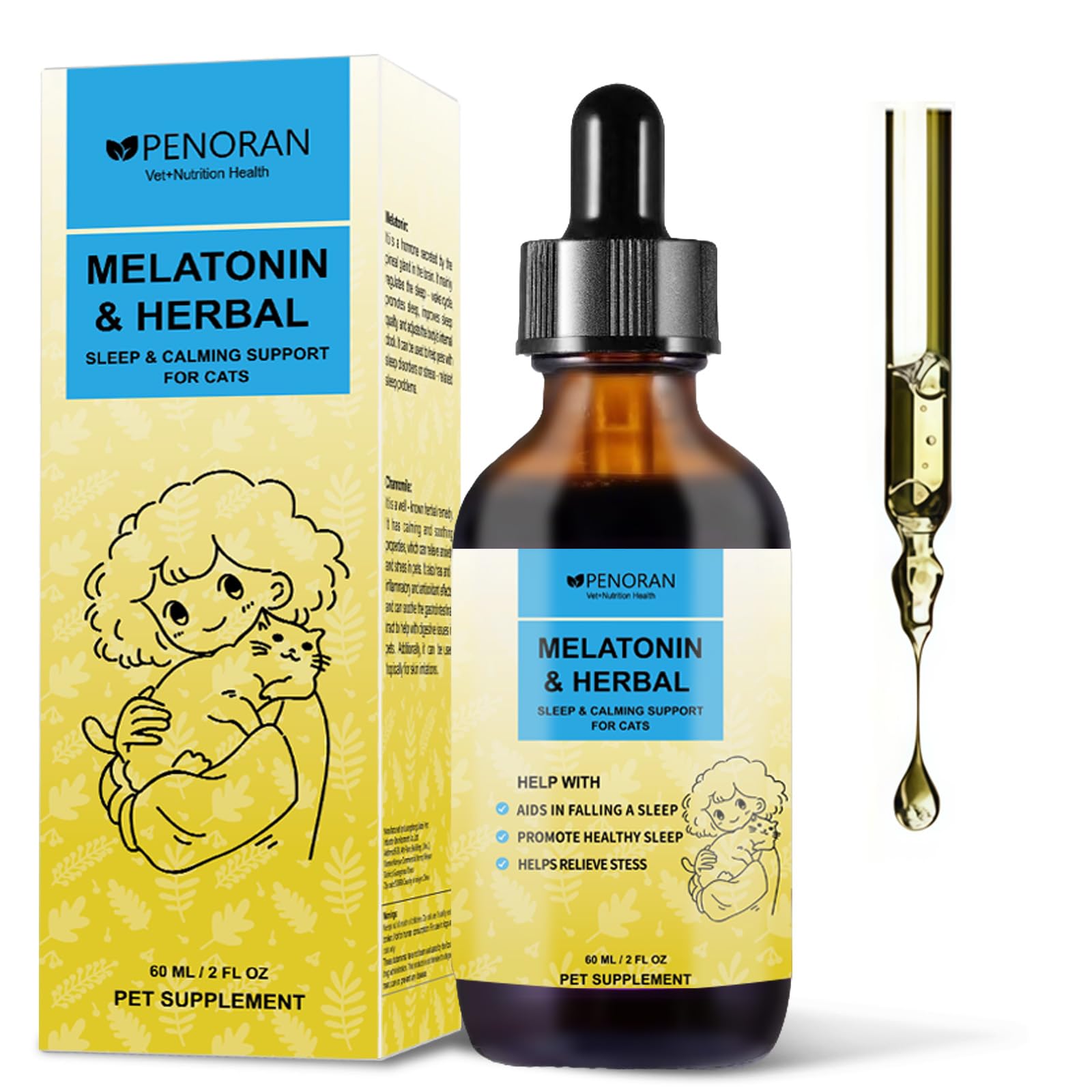 Calmante Natural para Gatos, Gotas con Melatonina Herbales, Alivio de Celo, Ansiedad y Estrés, Sueño Reparador Seguro para Viajes Felinos