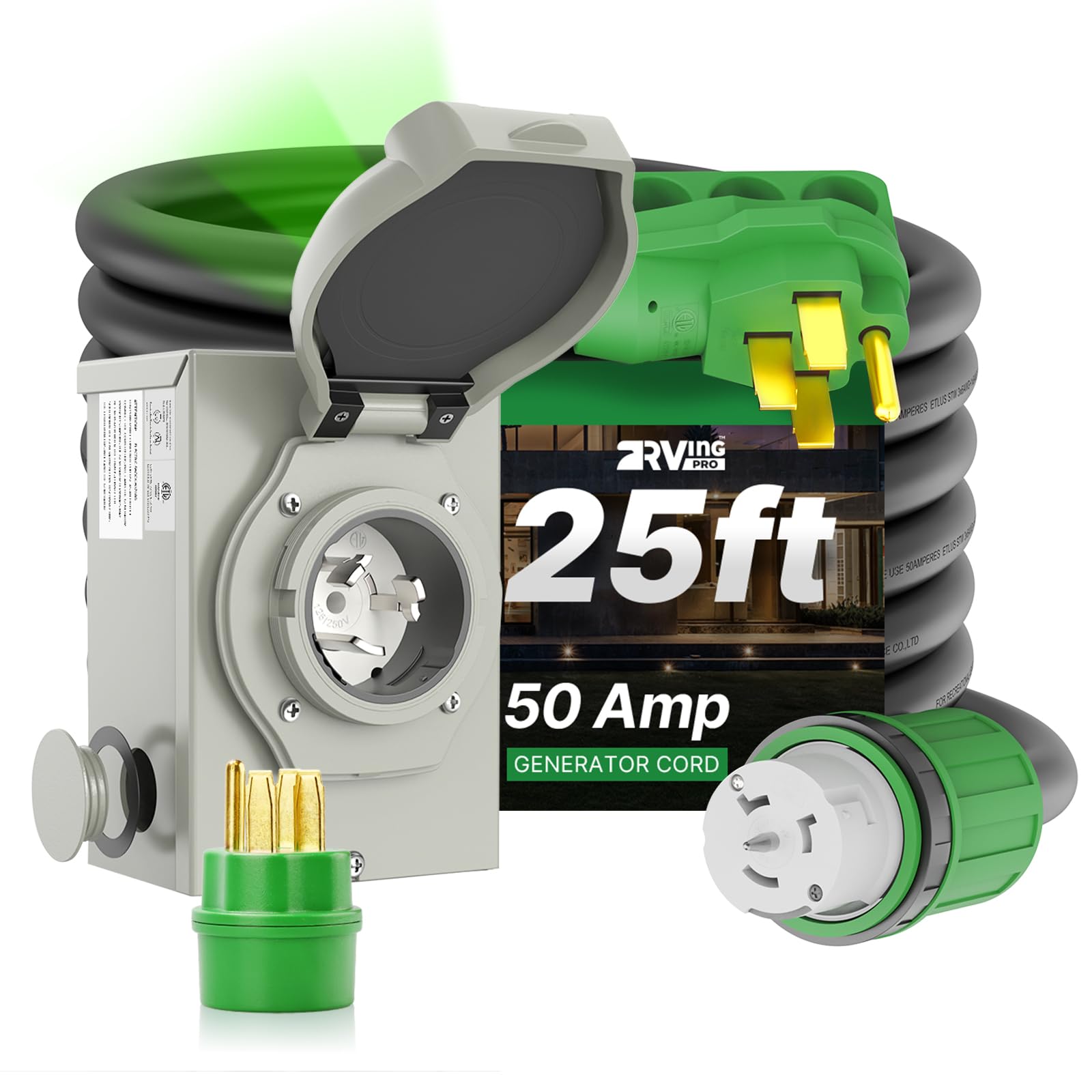 50 AMP Generator Inlet Box and 25Ft Generator Cord Kit