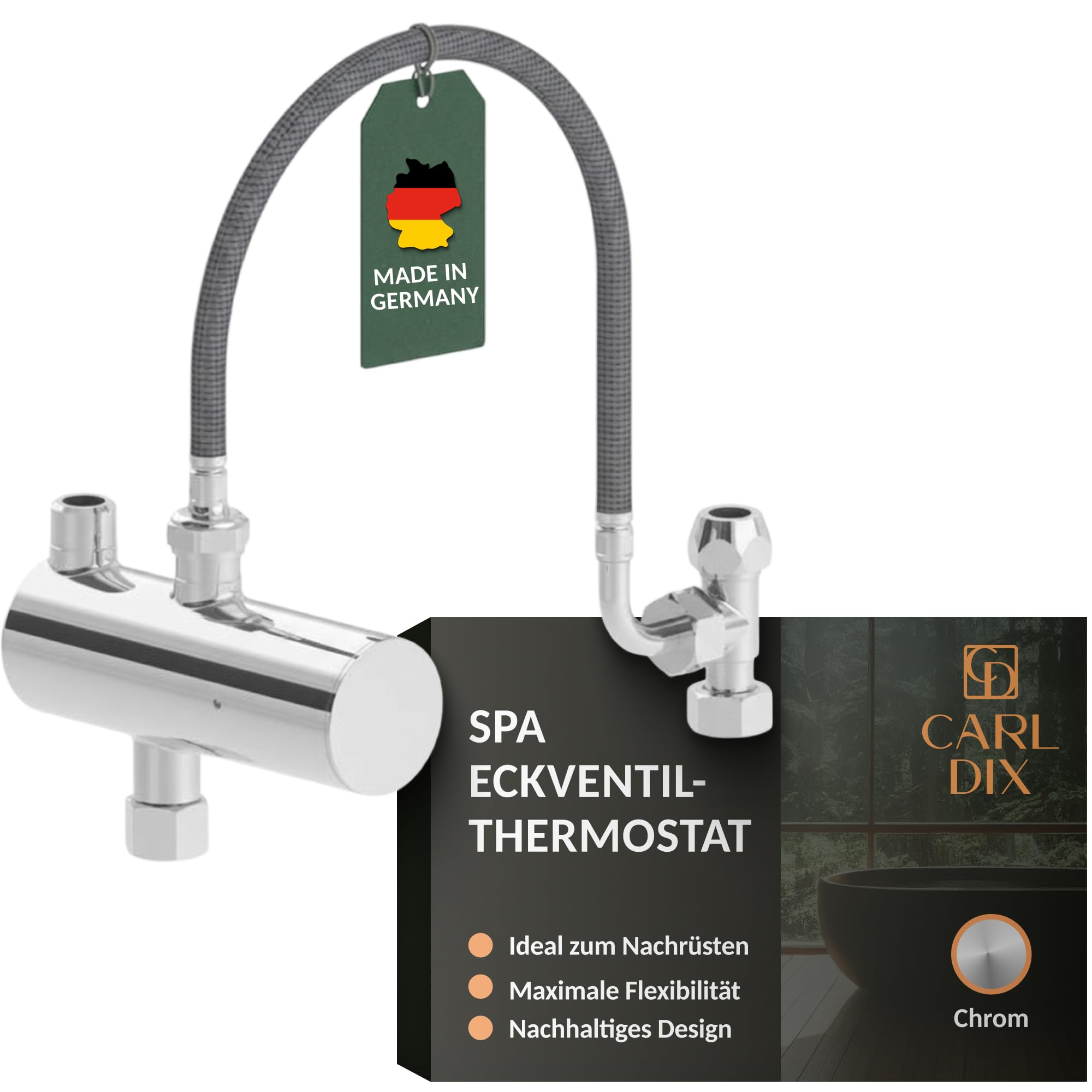 Eckventil-Thermostat Set 1/2 Zoll Chrom I Eckventil mit Thermostat und präziser Temperaturregelung I Wasseranschluss Ventil für Dusche und Waschbecken I Thermostatventil für Badinstallation