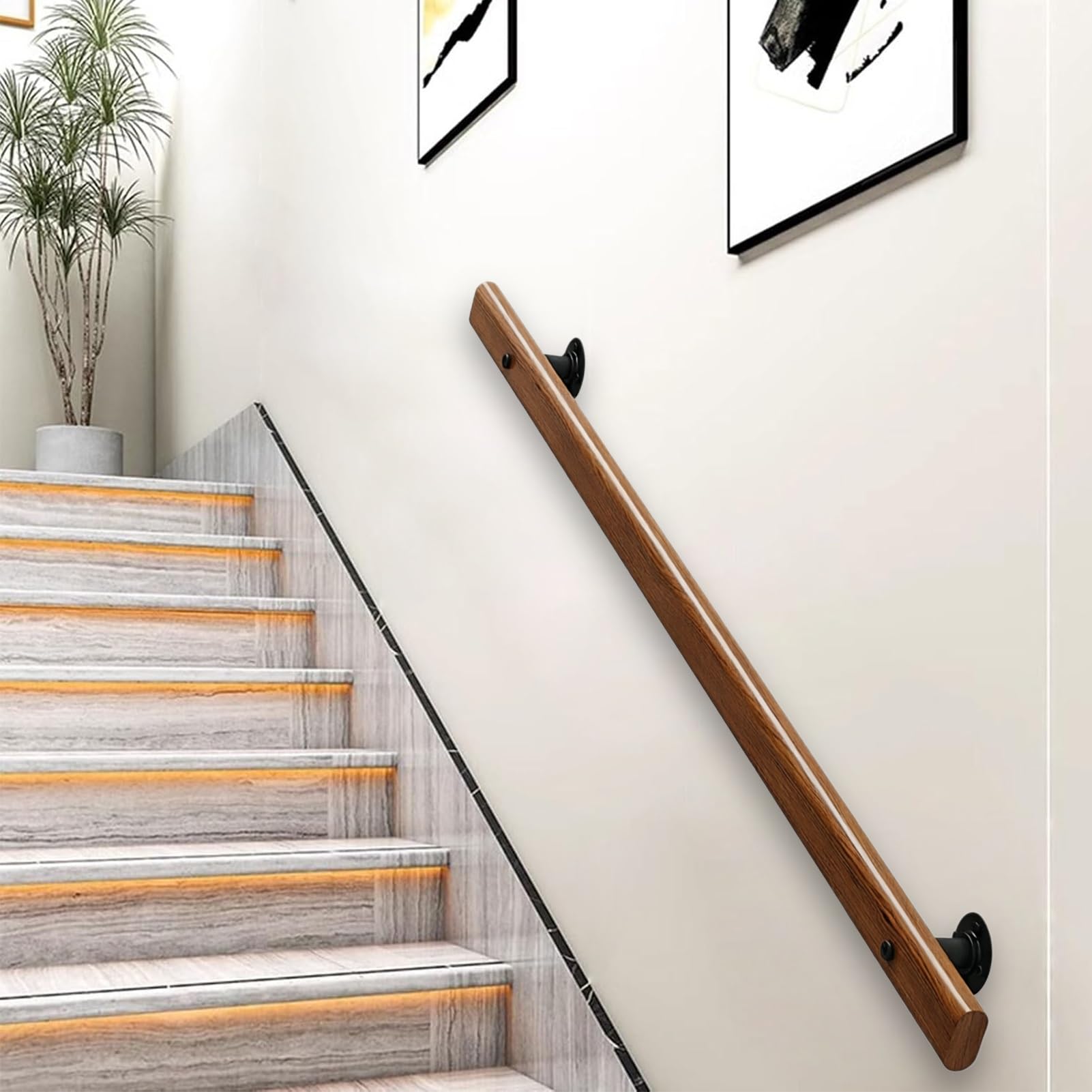 DMCHENGMA Wood Handrail Indoor Stairs Railing Wall Mount Banister w/Sturdy Metal Barckets, Barrier-Free Staircase Grab Bar(11.5ft/350cm)