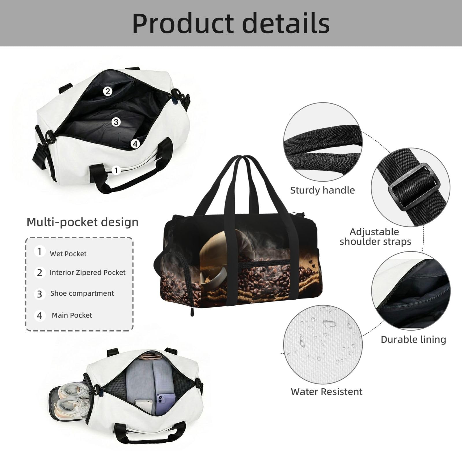 Drukowane ziarna kawy Ręczna torba sportowa crossbody Ręczna torba podróżna