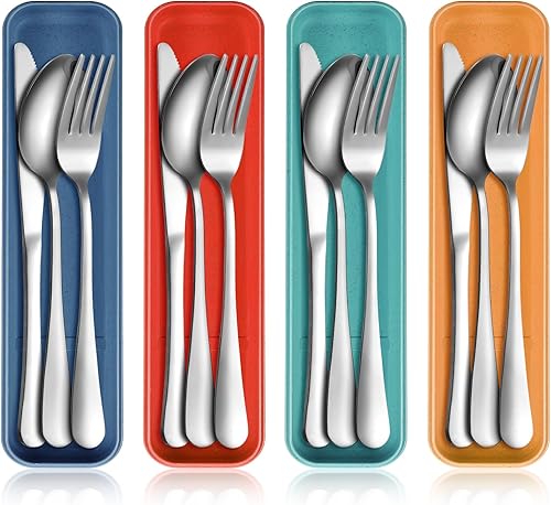 Yinkin Juego de 4 utensilios de viaje portátiles con estuche, cubiertos reutilizables de acero inoxidable, cubiertos de campamento, incluye tenedor,