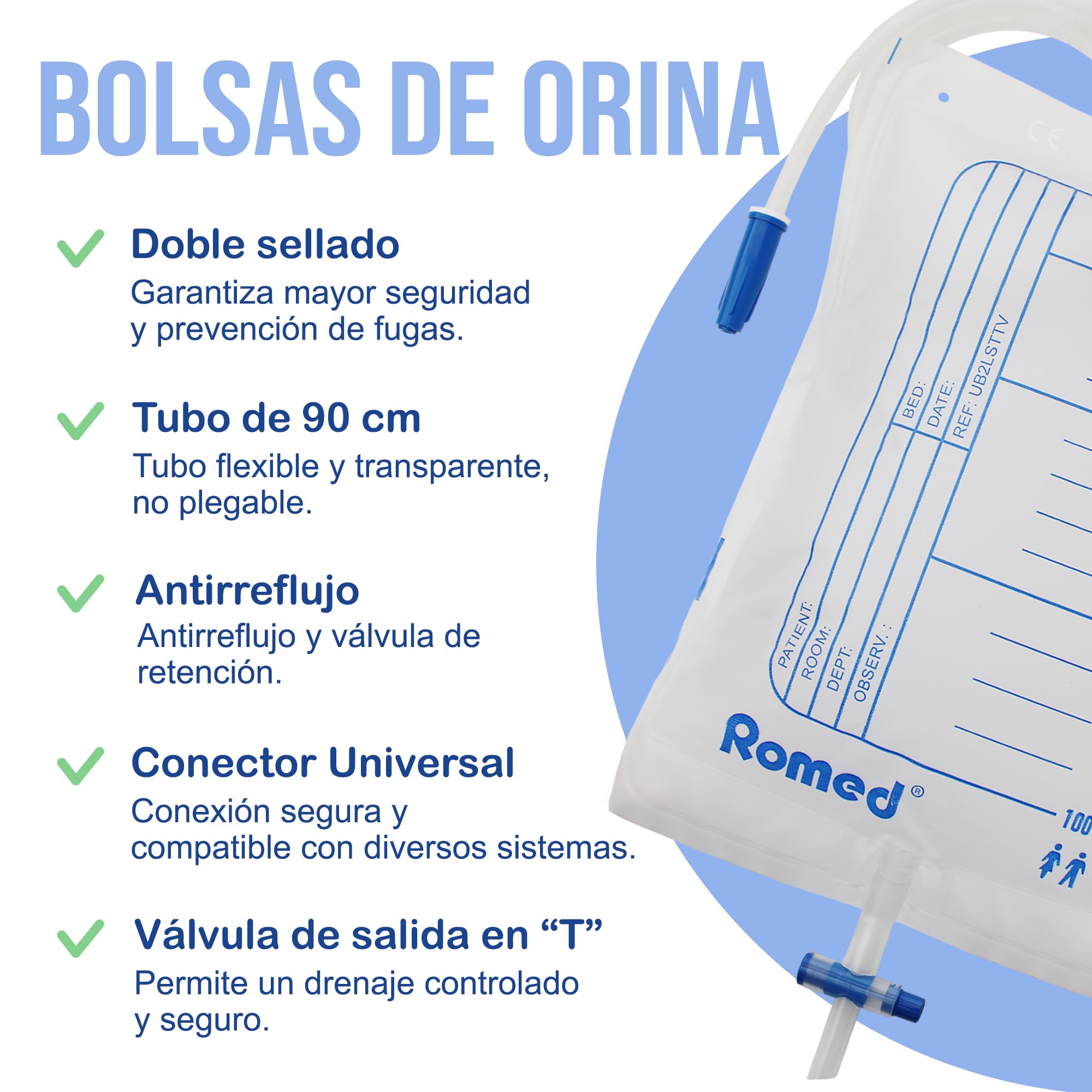 ROMED Bolsas de Orina 2 Litros Transparentes, Pack de 30 Unidades | Tubo Flexible de 90 cm, Válvula Anti-Reflujo, Colector Urinario, Para Incontinencia Hombre y Mujer