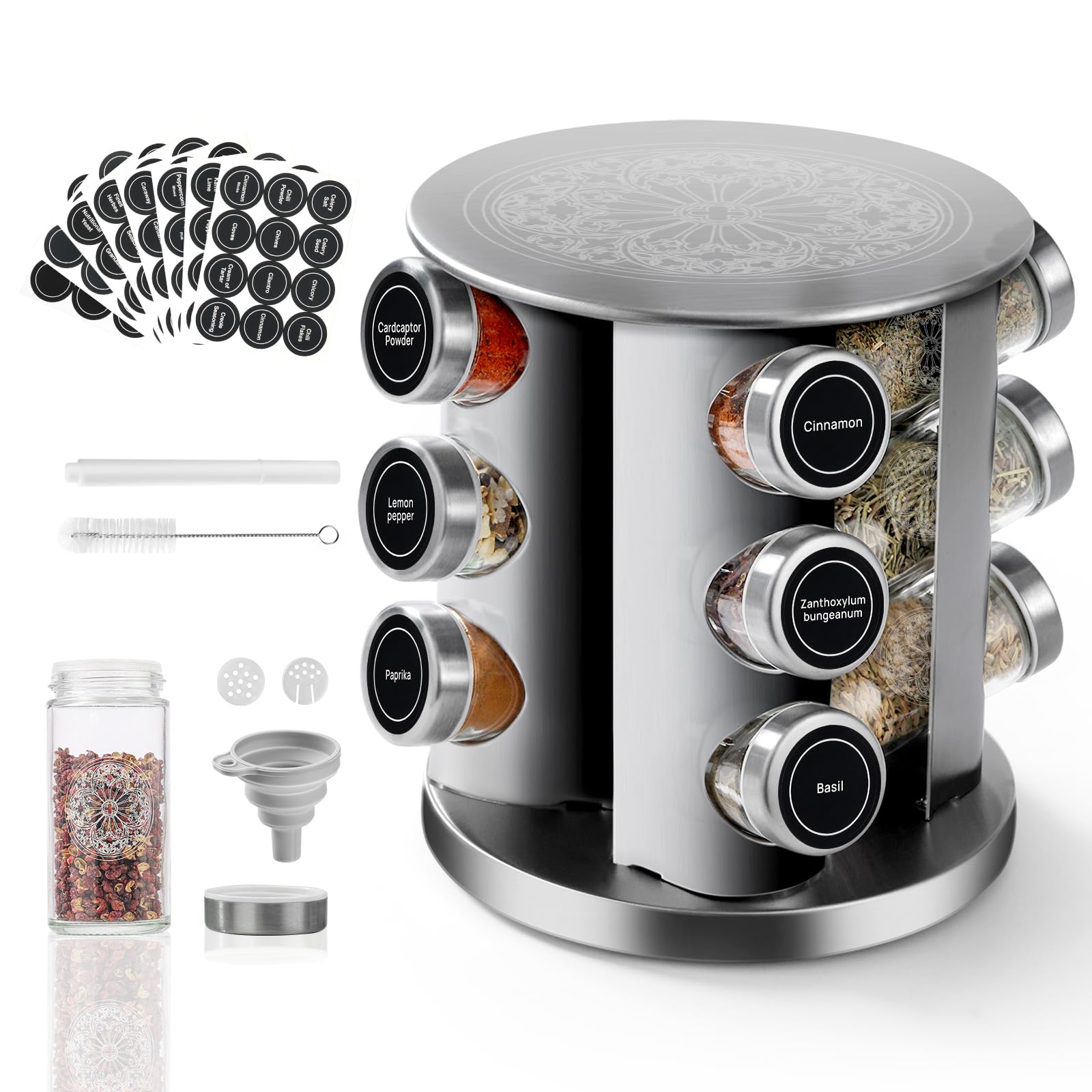Estante Giratorio Para Condimentos, Botes de Especias de 12 × 100 ml | Soporte giratorio de acero inoxidable para cocina, botes para especias, con etiquetas incluidas