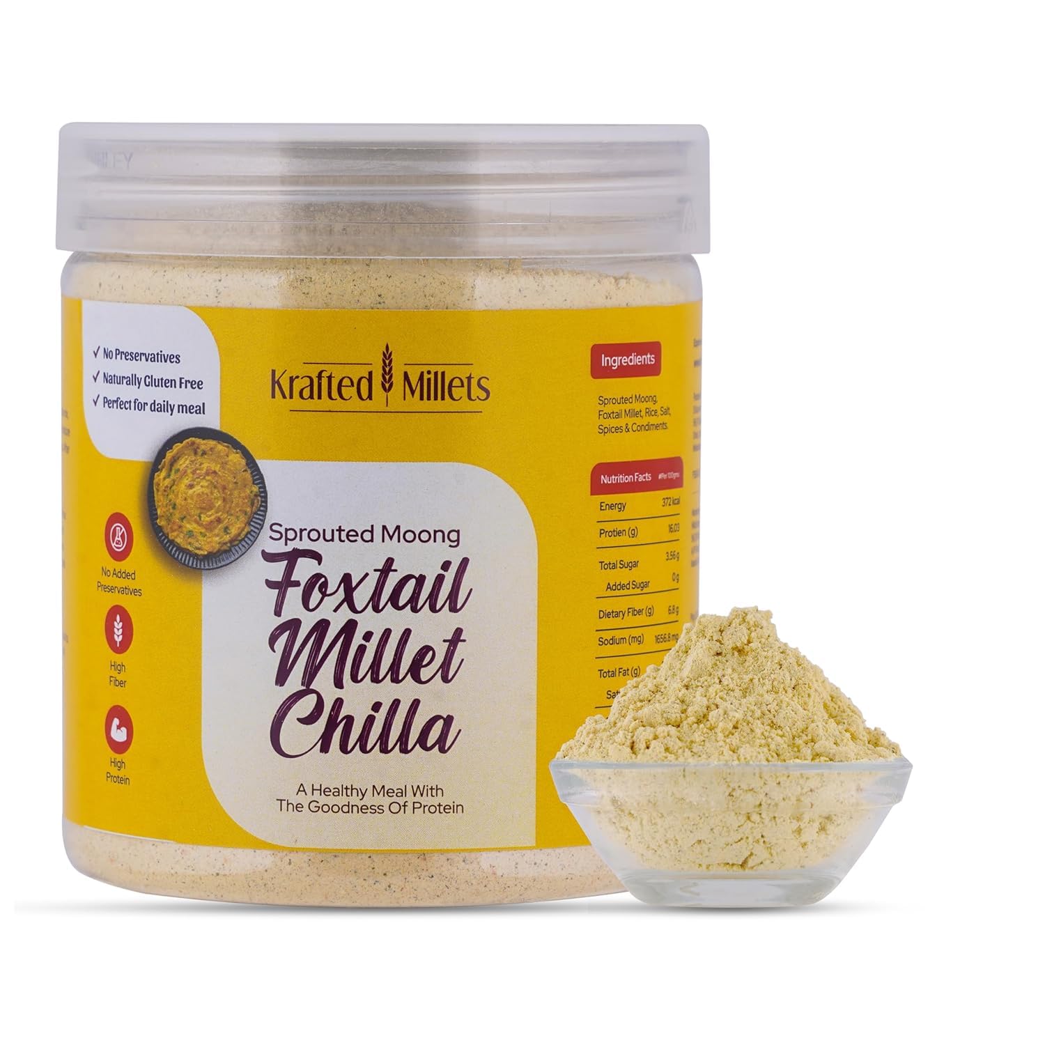 KRAFTED MILLETS Sprouted Moong Foxtail Millet Chilla Mix | Instant High Protein Breakfast | Gluten-Free, Vegan, No Maida | Healthy Snack for Weight Loss | Ready in 5 Mins | Clean Label – 350g (Pack Of 1)-image-46