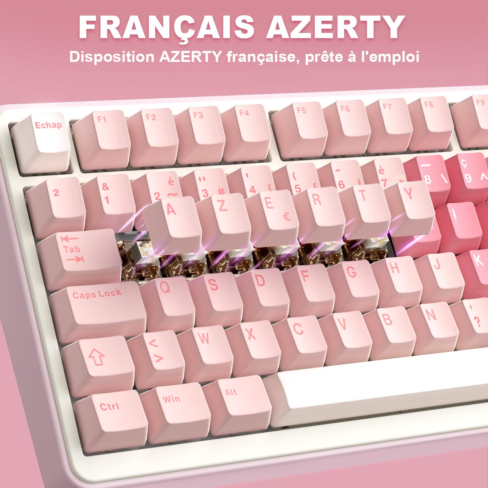 YUNZII B75 PRO Tastiera Meccanica Wireless, 75% Layout FR AZERTY, Tastiera da Gioco con Struttura Gasket, Hot-swap e Manopola, RGB, Connettività BT/USB-C / 2.4G (Rosa, Cocoa Cream V2 Switch)