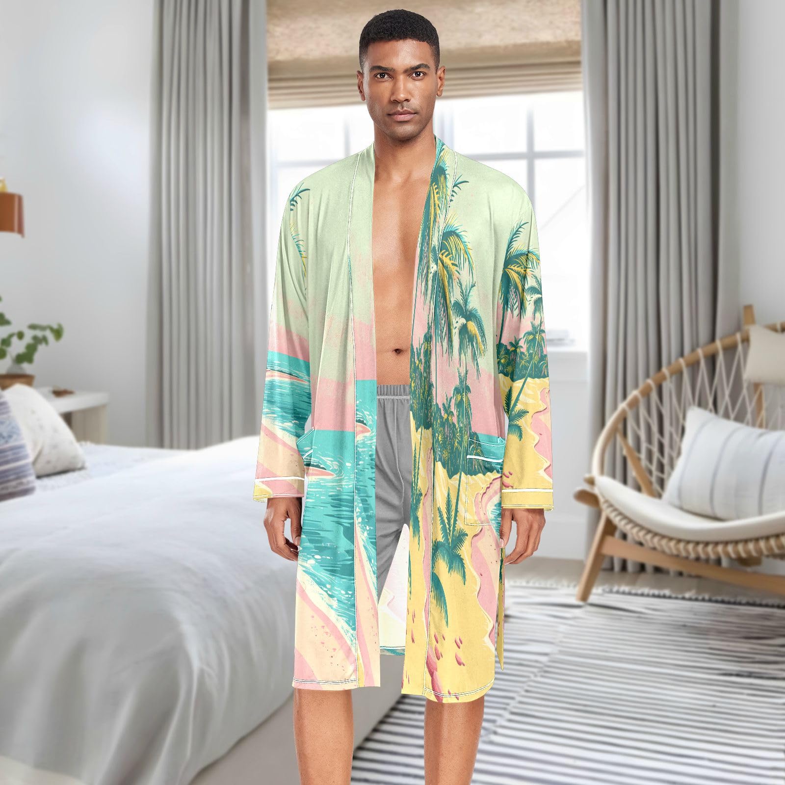 Accappatoio leggero da uomo, per spa, mare, spiaggia e scena tropicale