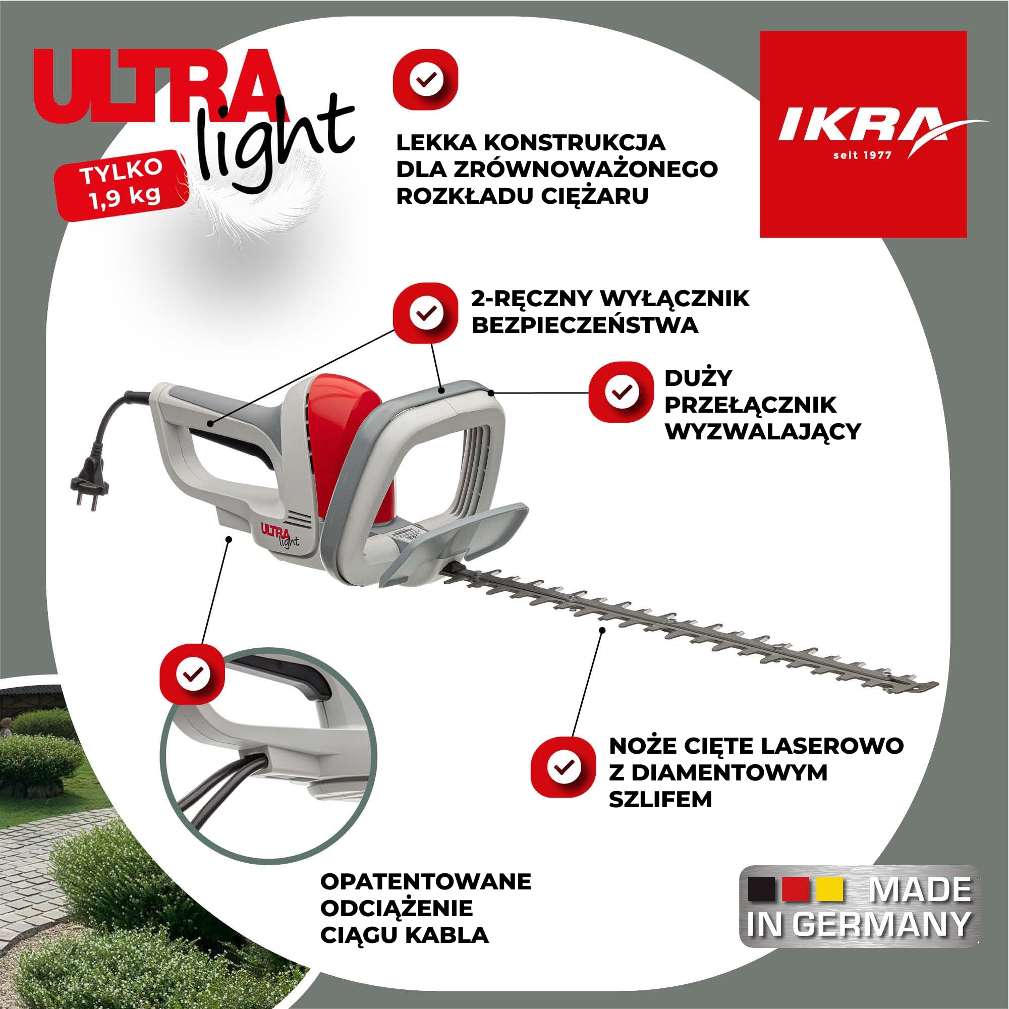 IKRA Nożyce elektryczne do żywopłotu 500W ultralekkie 1,9 kg | Długość cięcia 45 cm, ochrona przed przeciążeniem i blokadą, lekka konstrukcja dla większego komfortu