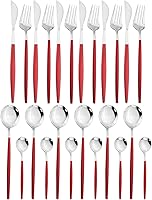 Vista 13 de JASHII Juego de cubiertos de acero inoxidable chapado en rosa titanio, 24 piezas, mango rosa, boca plateada, servicio para 6