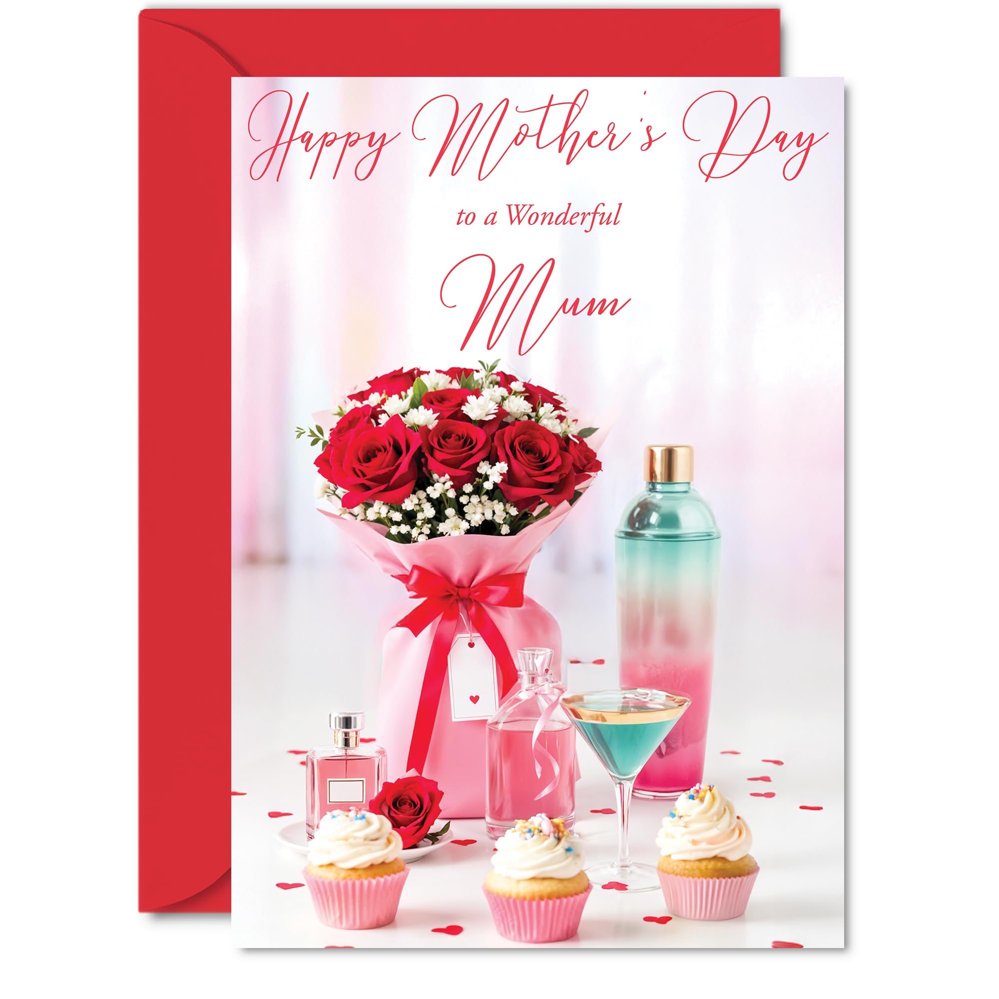 Mum Mothers Day Card - Red Rose Bouquet - Happy Mothers Day Card for Mum from Son Daughter, A5 Floral Cupcake Confetti Bday Greeting Cards