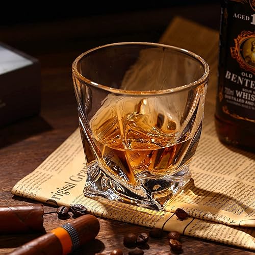 Miniatura 8 de Vasos de whisky Rocks, juego de 4 (2 vasos de cristal de bourbon, 2 moldes redondos de bolas de hielo grandes) en caja de regalo, vasos antiguos de