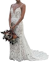 WIOJEIGO Women's Lace Boho Plus Size Mermaid Wedding Dress - Long Beach Bridal Gown with Train, Open Back