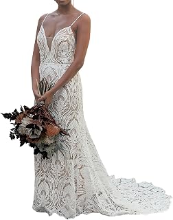 WIOJEIGO Women's Lace Boho Plus Size Mermaid Wedding Dress - Long Beach Bridal Gown with Train, Open Back