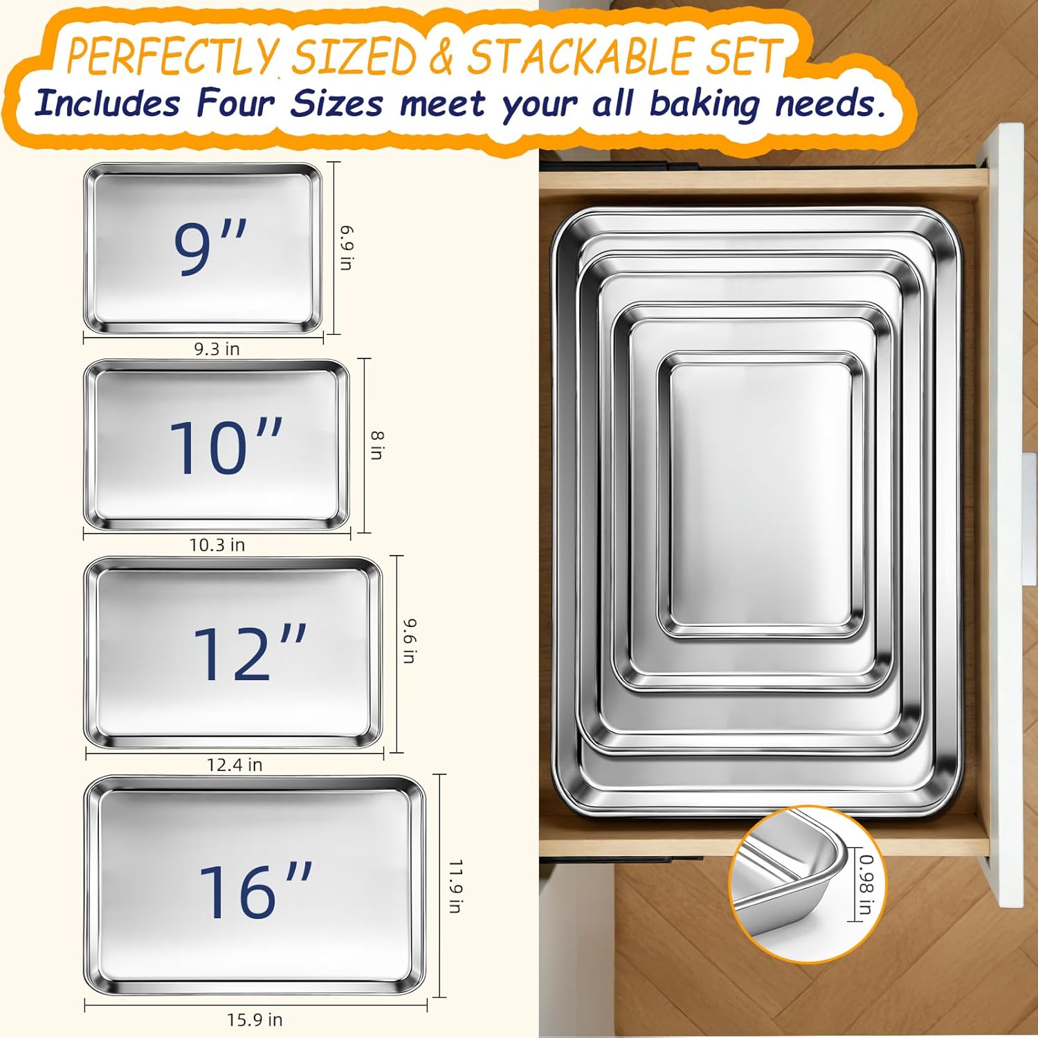 CEKEE Baking Sheet Set of 4, Stainless Steel Cookie Sheets for Baking, 0.8mm Heavy Duty Nonstick Baking Pans, 9/10/12/16 Inch Baking Trays for Oven, Non Toxic & Mirror Finish & Easy Clean