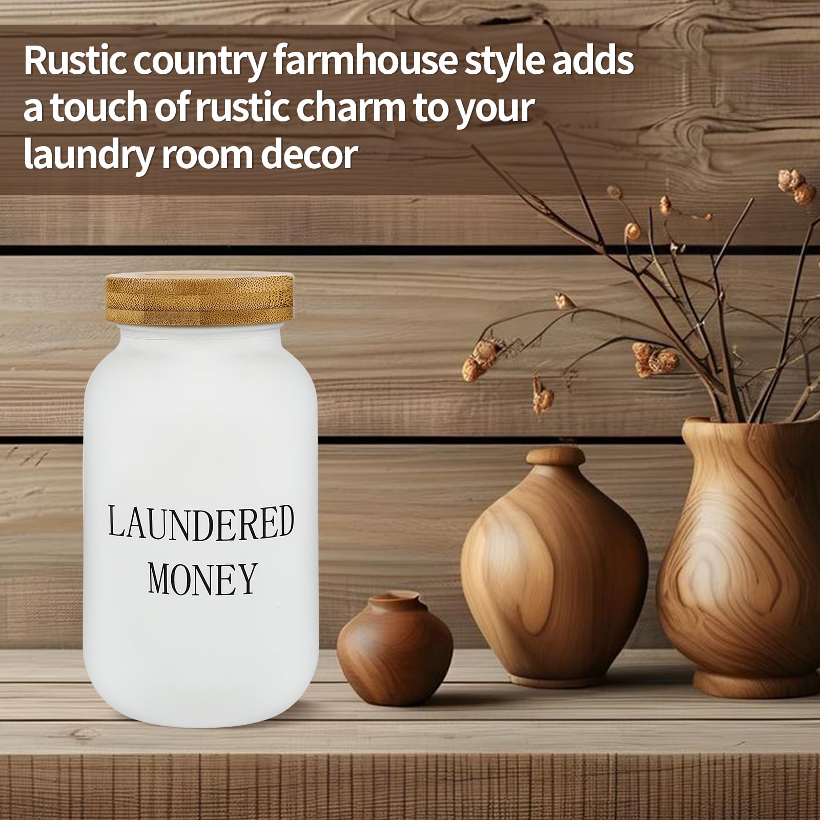 Buanderie – Pot Mason En Verre Avec Fente Pour Argent Et Couvercle En Bambou – Tirelire Rustique Pour Buanderie Et Décoration D'intérieur De Style Rustique (blanc