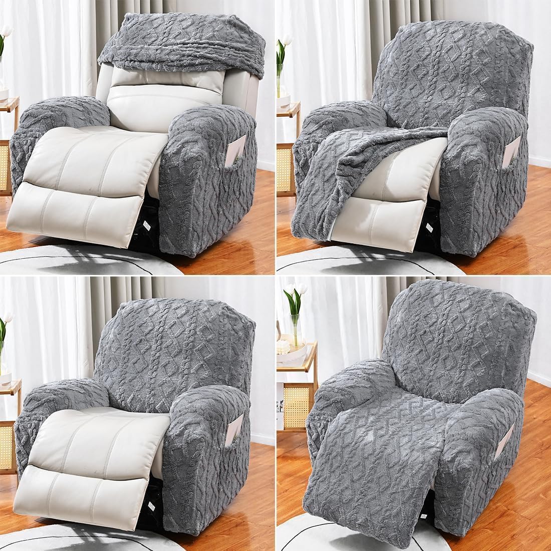 6 Pieces Oversized Recliner Chair Covers Geometric Jacquard Plush Slipcovers Sofa Covers Soft Fuzzy Fluffy Anti-Slip Furniture Protector for Kids Elastic Bottom (Gray, Oversized Recliner Loveseat)